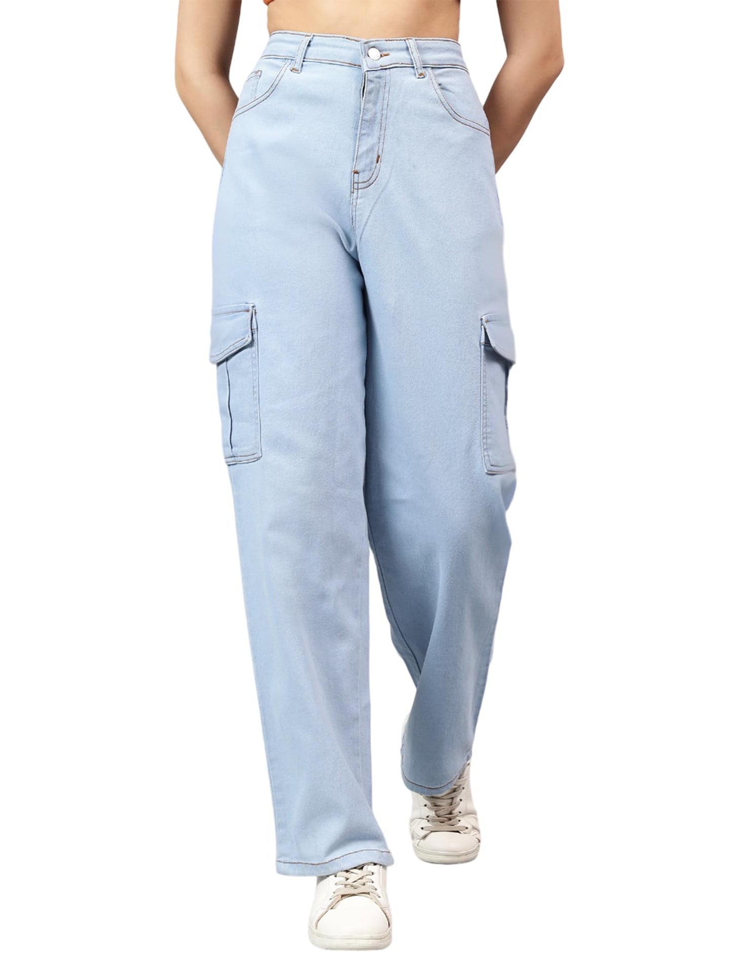Kotty WomenS High Rise Solid Cotton Blend Stylish Cargo Jeans(Blue,30)