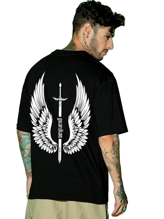 Bewakoof MenS Guardian Wings Graphic Printed T-Shirt Oversized Fit, Round Neck, Half Sleeve_581657_Black_2Xl
