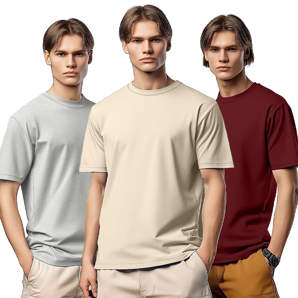 Nobero MenS Solid Regular Fit T-Shirt (1M-Twts-R0008_2_Wine Red/Grey Melange/Sand