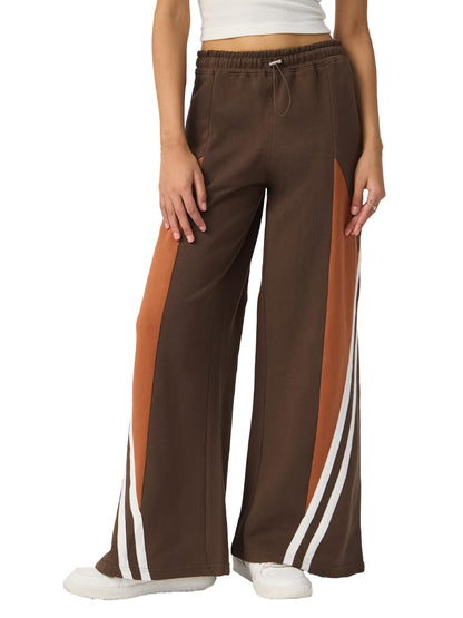 The Souled Store Solids: Cinnamon Brown Women and Girls Elasticated Toggled Cotton Wide Leg Fit Flared Joggers