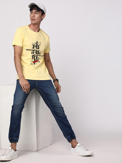ADRO Men's Graphic Printed 100% Cotton T-Shirt - Regular Fit, Printed T-Shirts for Men (RN24-FTR-LY_Light Yellow)