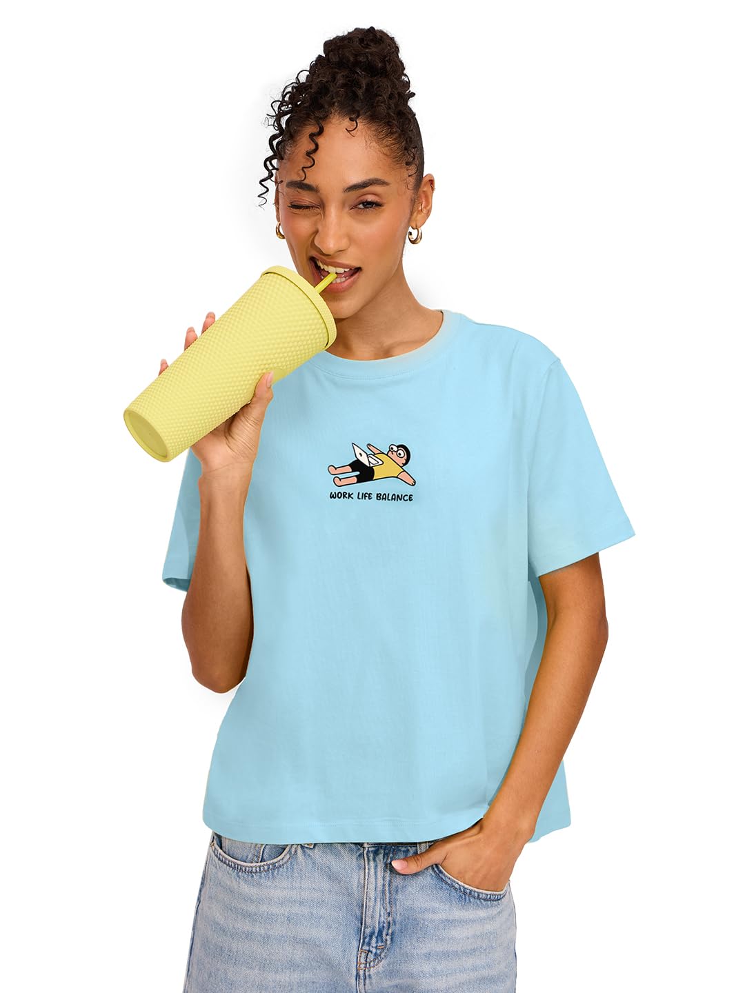 The Souled Store Relaxed T-Shirt: Work Life Balance Women and Girls Short Sleeves Round Neck Blue Graphic Printed Cotton Relaxed