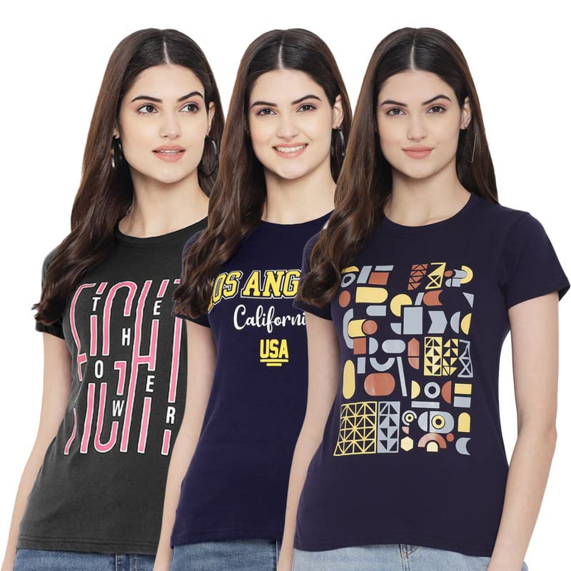 Preneum Womens Cotton Regular Fit Latest Graphic Stylish Printed Short Sleeves Casual T-Shirt || Trendy & Styling (Pack 3), Bla