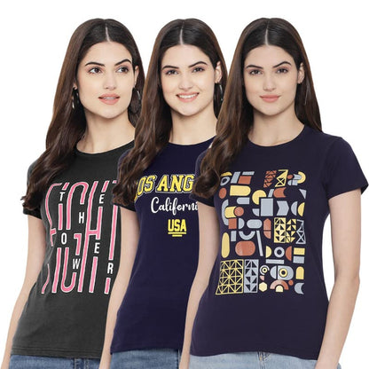 Preneum Womens Cotton Regular Fit Latest Graphic Stylish Printed Short Sleeves Casual T-Shirt || Trendy & Styling (Pack 3), Bla