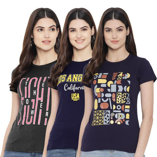 Preneum Womens Cotton Regular Fit Latest Graphic Stylish Printed Short Sleeves Casual T-Shirt || Trendy & Styling (Pack 3), Bla