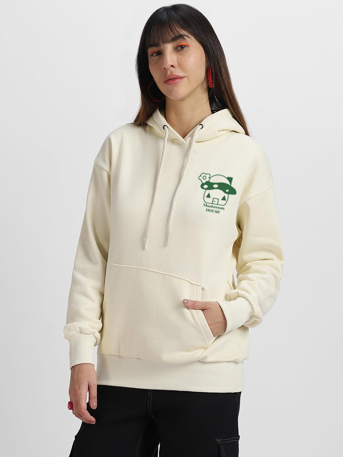 Juneberry Cotton Fleece Regular Fit Hooded Sweatshirt Lastest Back Graphic Printed Winter Hoodies For Women (W02_Mushroom_Mrsmlw