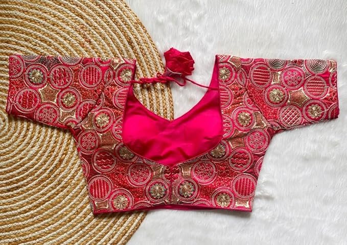Pujia Mills Womens Blouse Readymade Blouse Embroidery Multi Coding Gold Thread Blouses Handwork Pink Color Readymade Saree Blou