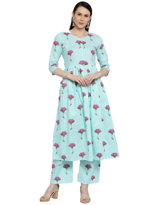 ANNI DESIGNER Women's Sea Green Cotton Anarkali Kurta with Plazzo (SARA SEA Green)