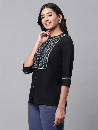 Aurelia Women Black Solid Viscose Straight Kurti