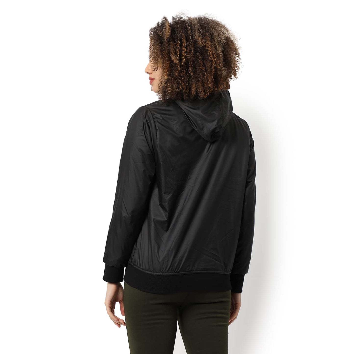 Campus Sutra Women Black Puffer Regular Fit Bomber Jacket For Winter Wear | Standing Collar | Full Sleeve | Zipper | Casual Jack