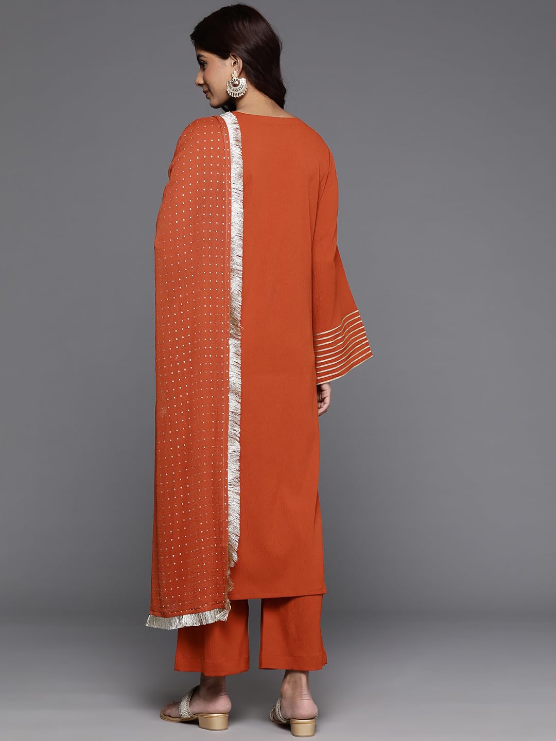 Varanga Women Rust Solid V-Neck Embellished With Gota Straight Kurta Paired With Tonal Bottom And Dupatta