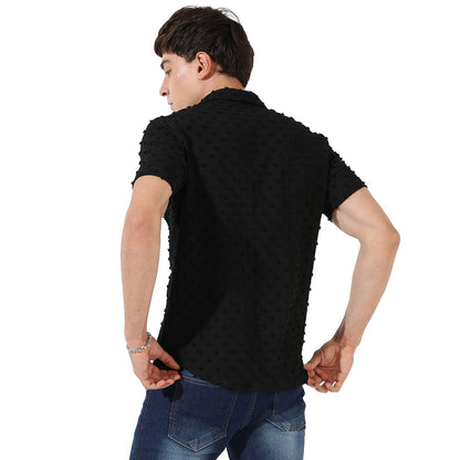 Campus Sutra Mens Black Textured Button Up Spread Collar Shirt for Casual Wear | Regular Fit | Poly Georgette Shirt Crafted wit