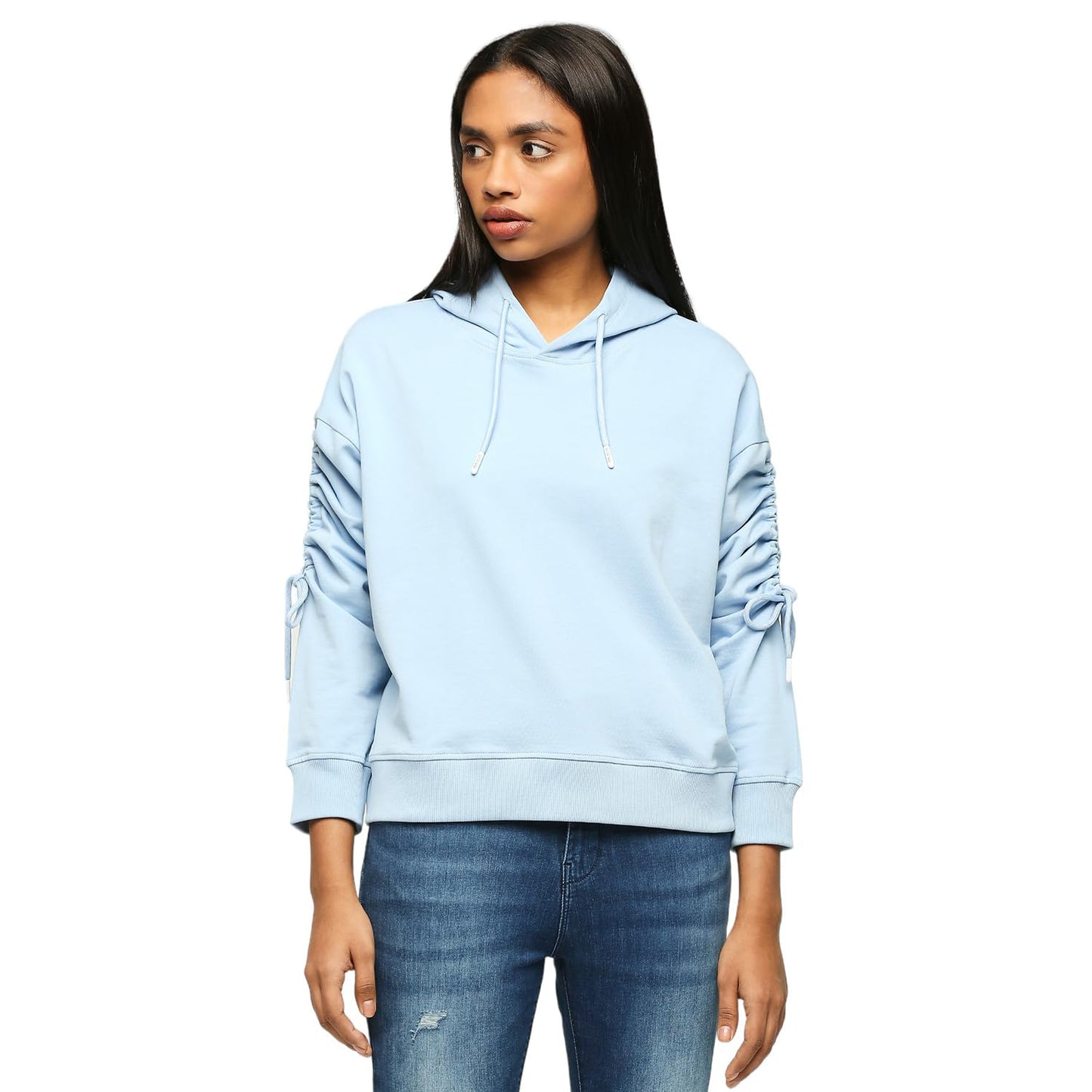 Pepe Jeans WomenS Pure Cotton Hooded Neck Sweatshirt (Pl581417_Blue_Washed