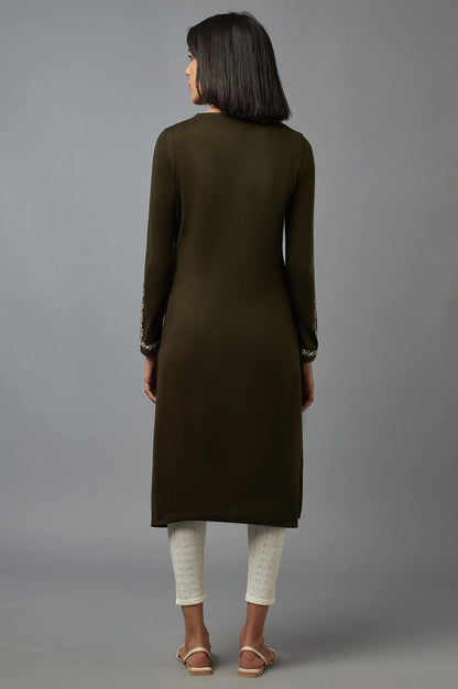 W for Woman Olive Embroidered Kurta