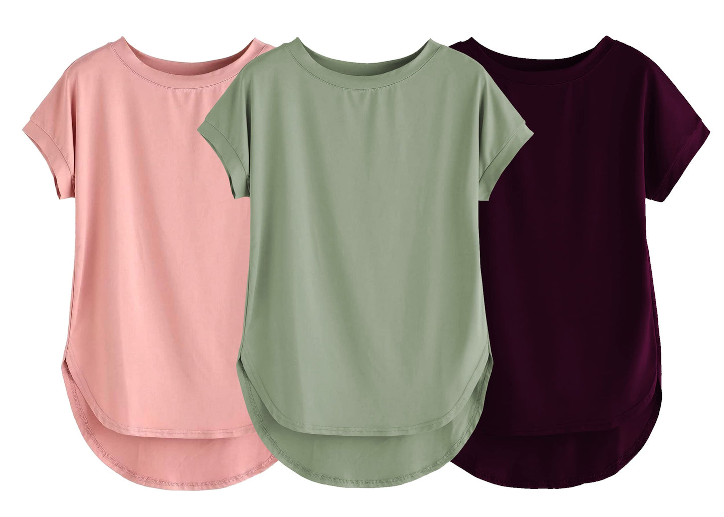 Fabricorn Combo Of Three Plain Sage Green, Dusty Rose And Wine Round Neck Up And Down Cotton Tshirt For Women (Sage Green, Dusty