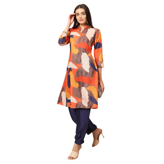 Gufrina Women's Co-Ords Set - Orange and Navy Abstract Print Shirt Collar Kurti with 3/4 Sleeves and Harem Pants, Rayon Fabric