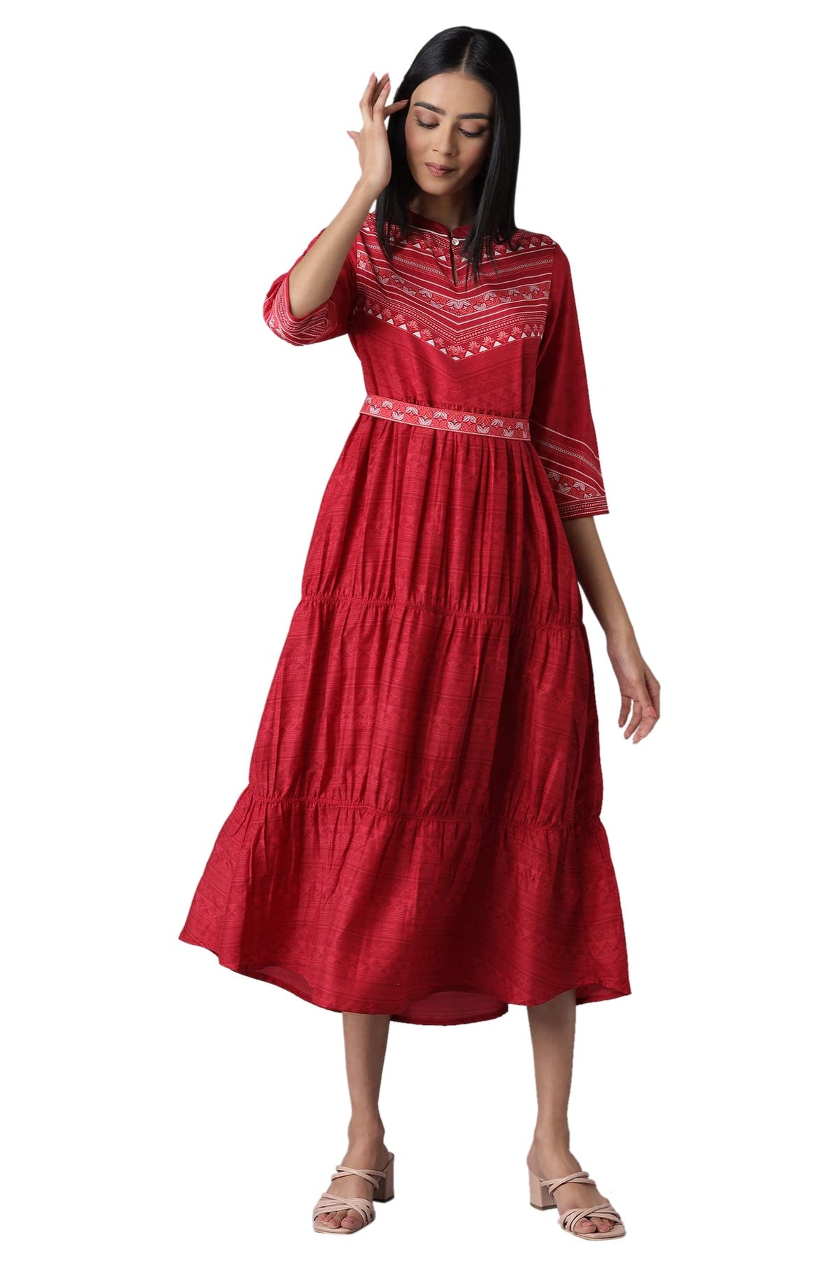 Aurelia WomenS Polyester Red Printed Dress Midi (22Fea12956-504731 2Xl)