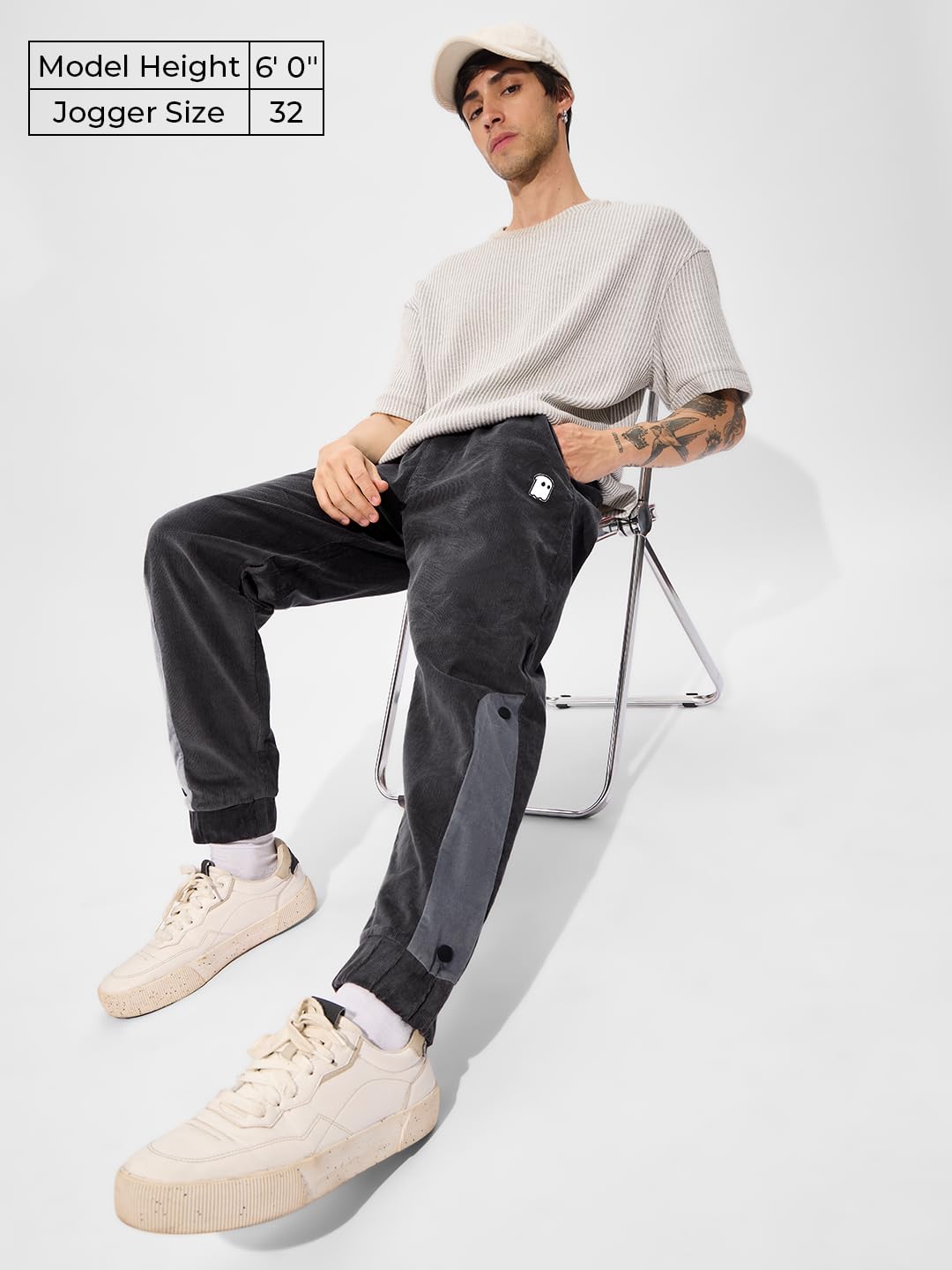 The Souled Store Corduroy Joggers: Charcoal Men and Boys Elasticated Toggles Leg Closure Beige Printed Cotton Blend Baggy Fit Ov