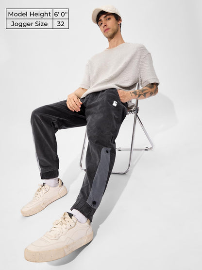 The Souled Store Corduroy Joggers: Charcoal Men and Boys Elasticated Toggles Leg Closure Beige Printed Cotton Blend Baggy Fit Ov