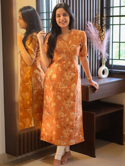 24 Carat Suit WomenS Chanderi Straight Kurti With Floral Print Elbow Length Sleeves Regular Fit V Neck And Calf Length