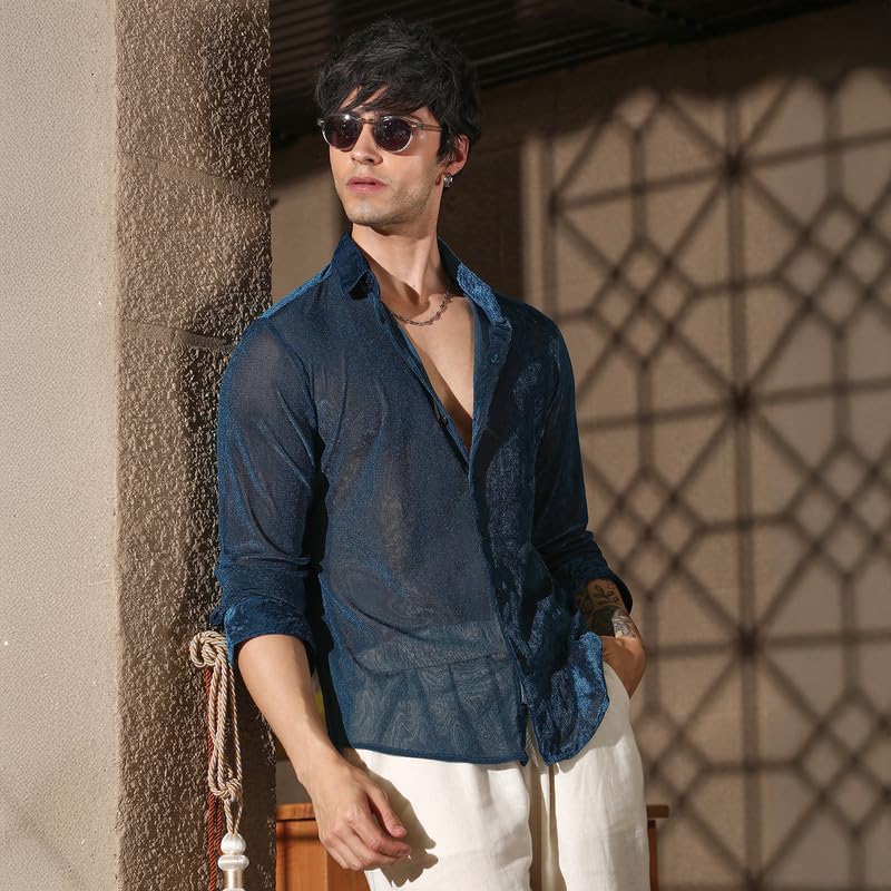 Campus Sutra Mens Midnight Blue Solid Velvet Shirt for Casual Wear | Spread Collar | Long Sleeve | Button Closure | Shirt Craft