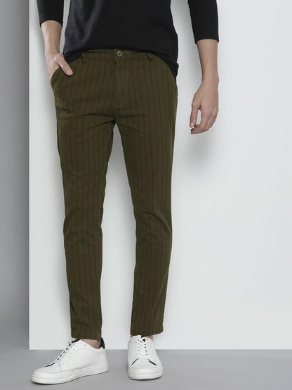 The Indian Garage Co Men Slim Fit Striped Mid-Rise Stretchable Chinos Olive