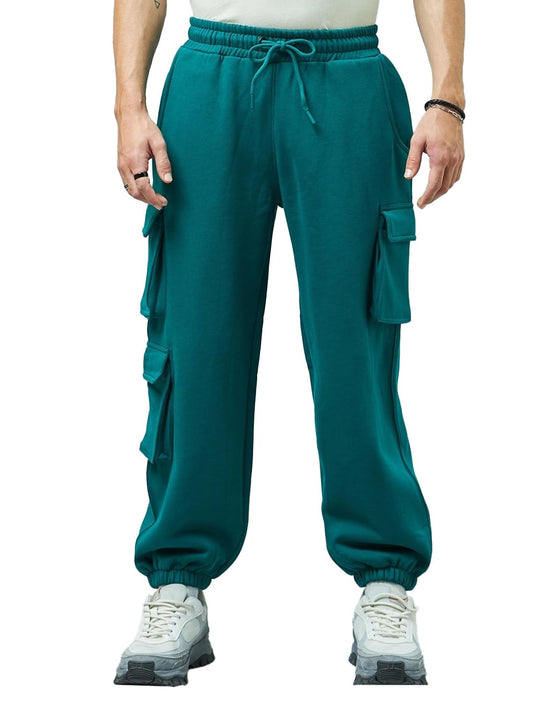 Bewakoof Mens Solid Super Loose Fit Terry Cargo Joggers_ 604172 Green S