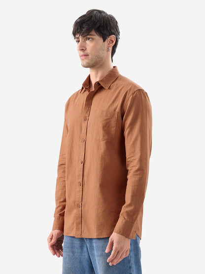 The Souled Store Russet Brown Men & Boys Long Sleeve Collared Neck Button Front Regular Fit Solid Cotton Linen Shirts