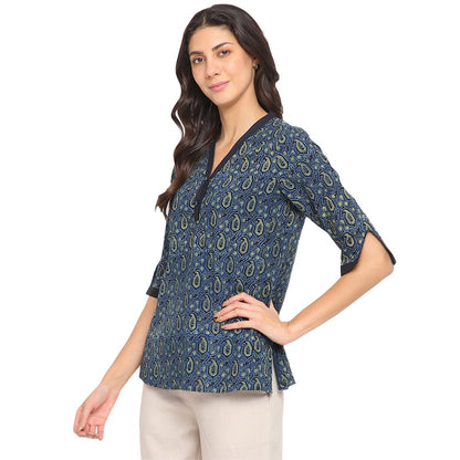 Fabindia Navy Blue Cotton Printed Short Kurta