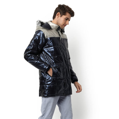 Campus Sutra Mens Black Colour-Blocked Puffer Regular Fit Bomber Jacket For Winter Wear | Hooded Collar | Full Sleeve | Zipper