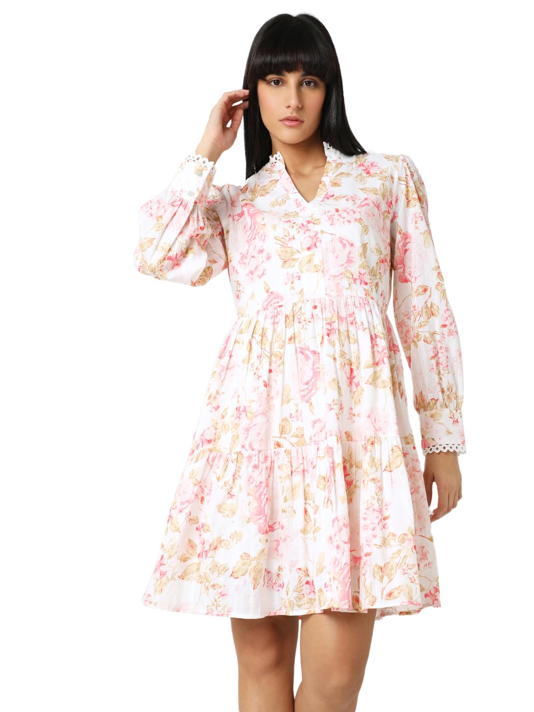 Vero Moda Women Floral Print Off White Cotton Above Knee Length Fit And Flare Dress