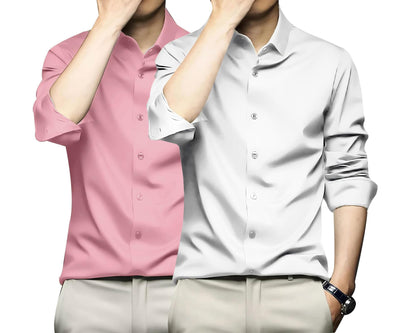 Deelmo Combo Of MenS Stylish Solid Satin Casual Shirt For Men Full Sleeves| Poly Satin Silk Shirt Pack Of 2 Light Pink-White