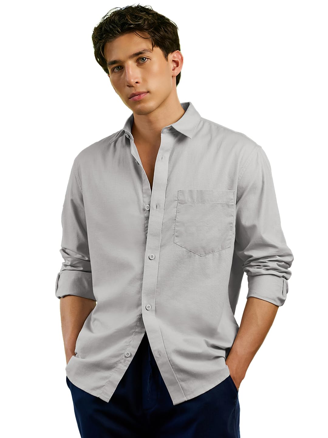 Bewakoof Mens Solid Regular Fit Full Sleeve Collar Cotton Linen Blend Shirt_677609_Grey_XL