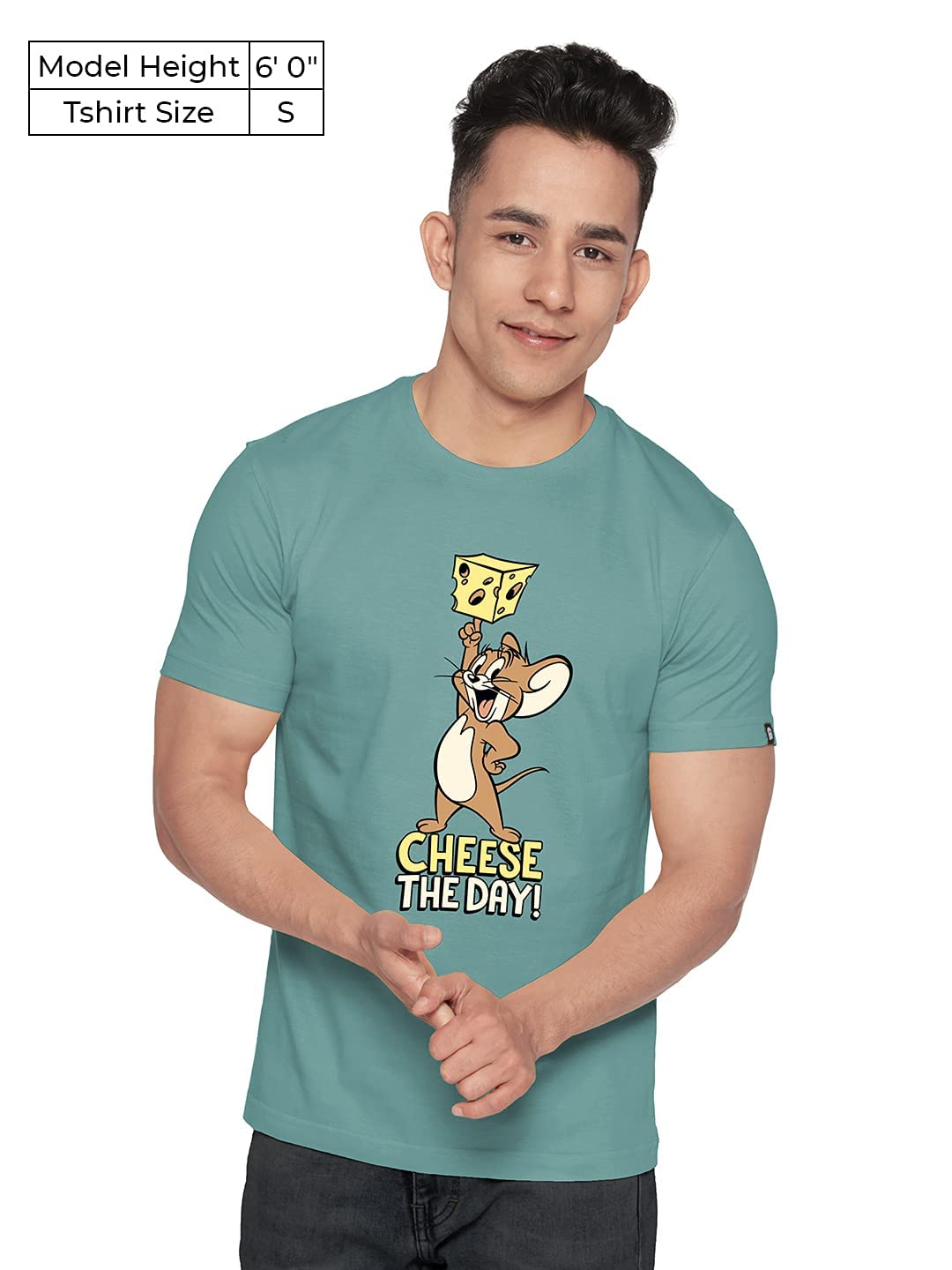 The Souled Store | Tom and Jerry Cheese The Day Round Neck Half Sleeve Mens and Boys | Graphic Printed 100% Cotton T-Shirt Grey