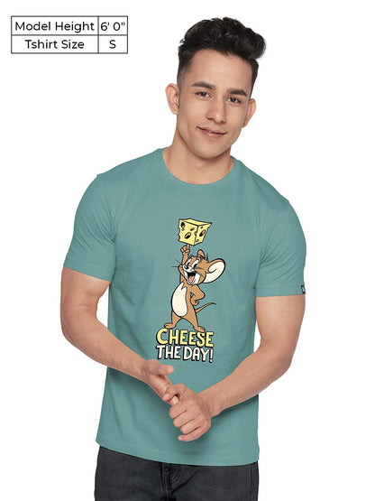 The Souled Store | Tom and Jerry Cheese The Day Round Neck Half Sleeve Mens and Boys | Graphic Printed 100% Cotton T-Shirt Grey