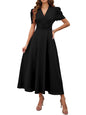 Shasmi Girls & Womens Black Solid Color V-Neck A-Line Maxi Dress for Women | New Year Party Outfit | Waist Cinched Puff Sleeve