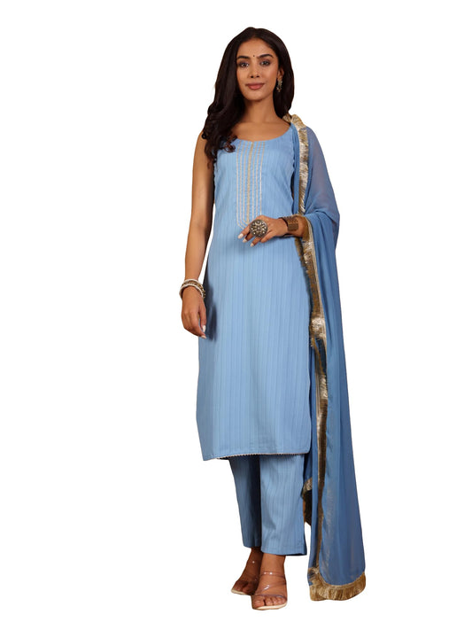 Varanga Women Blue Straight Kurta With Tonal Bottom & Dupatta
