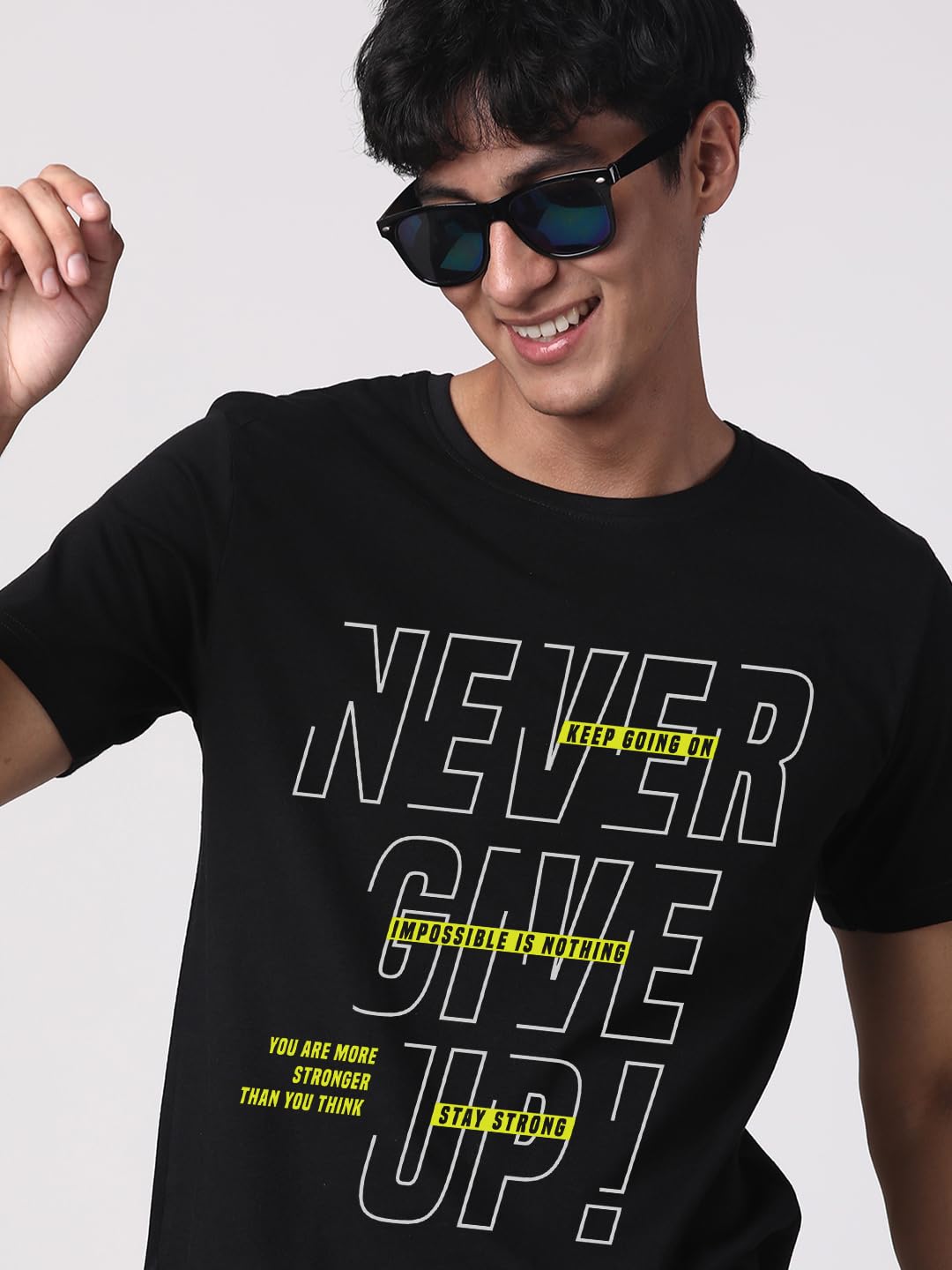 ADRO Never Give Up Printed T-Shirt for Men - 100% Cotton, Regular Fit, Soft Breathable Fabric. (RN23-M-NVR-BL_Black)