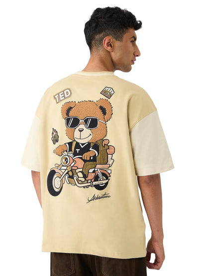 The Souled Store Ted The Stoner: Adventure Men and Boys Short Sleeves Round Neck Yellow Embroidered Cotton Oversized T-Shirts