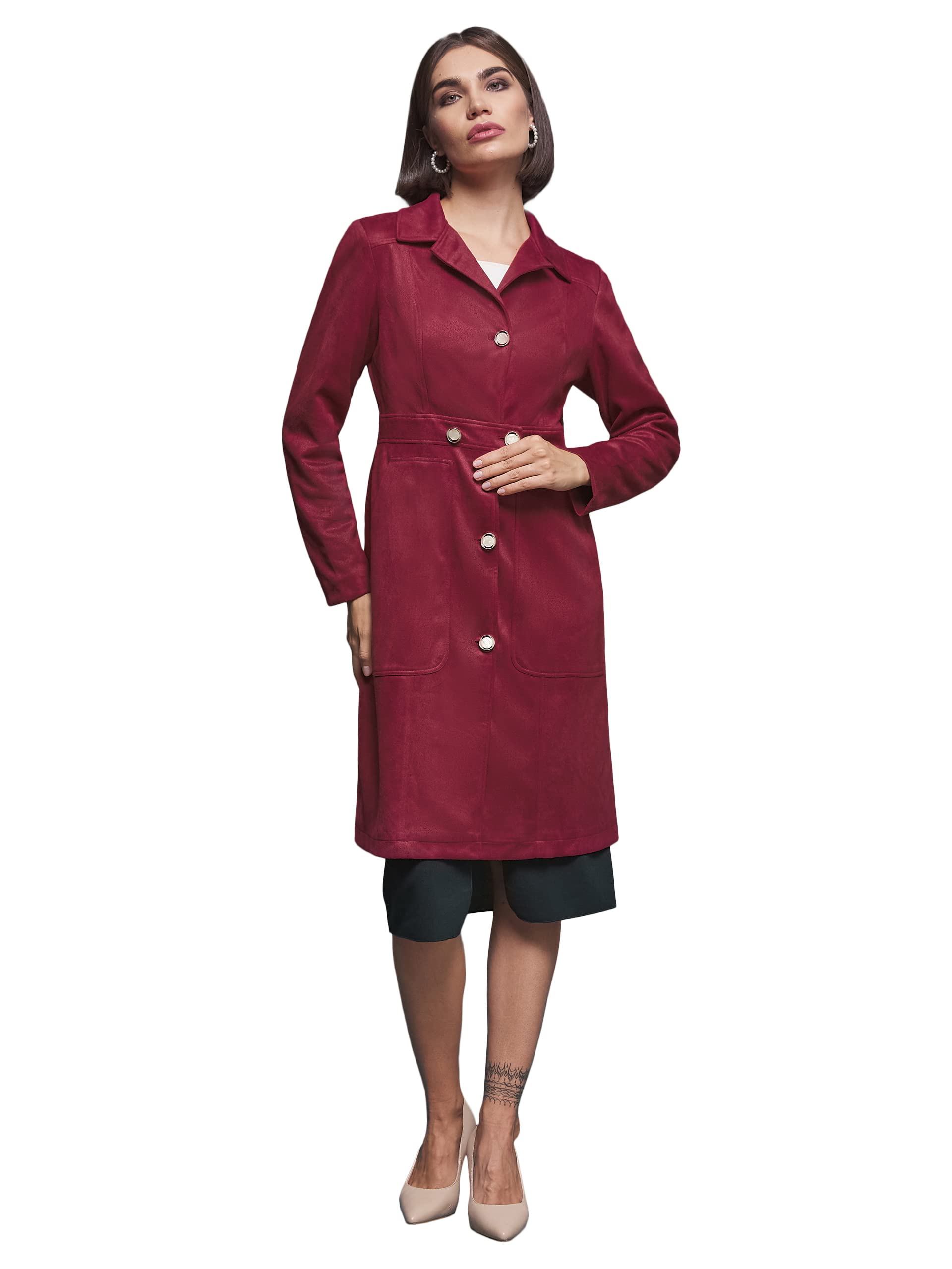 Miss Chase Womens Full Sleeves Patched Pocketed Button Down Longline Jacket (MCAW24JKT99-52-737-04, Deep Red, M)