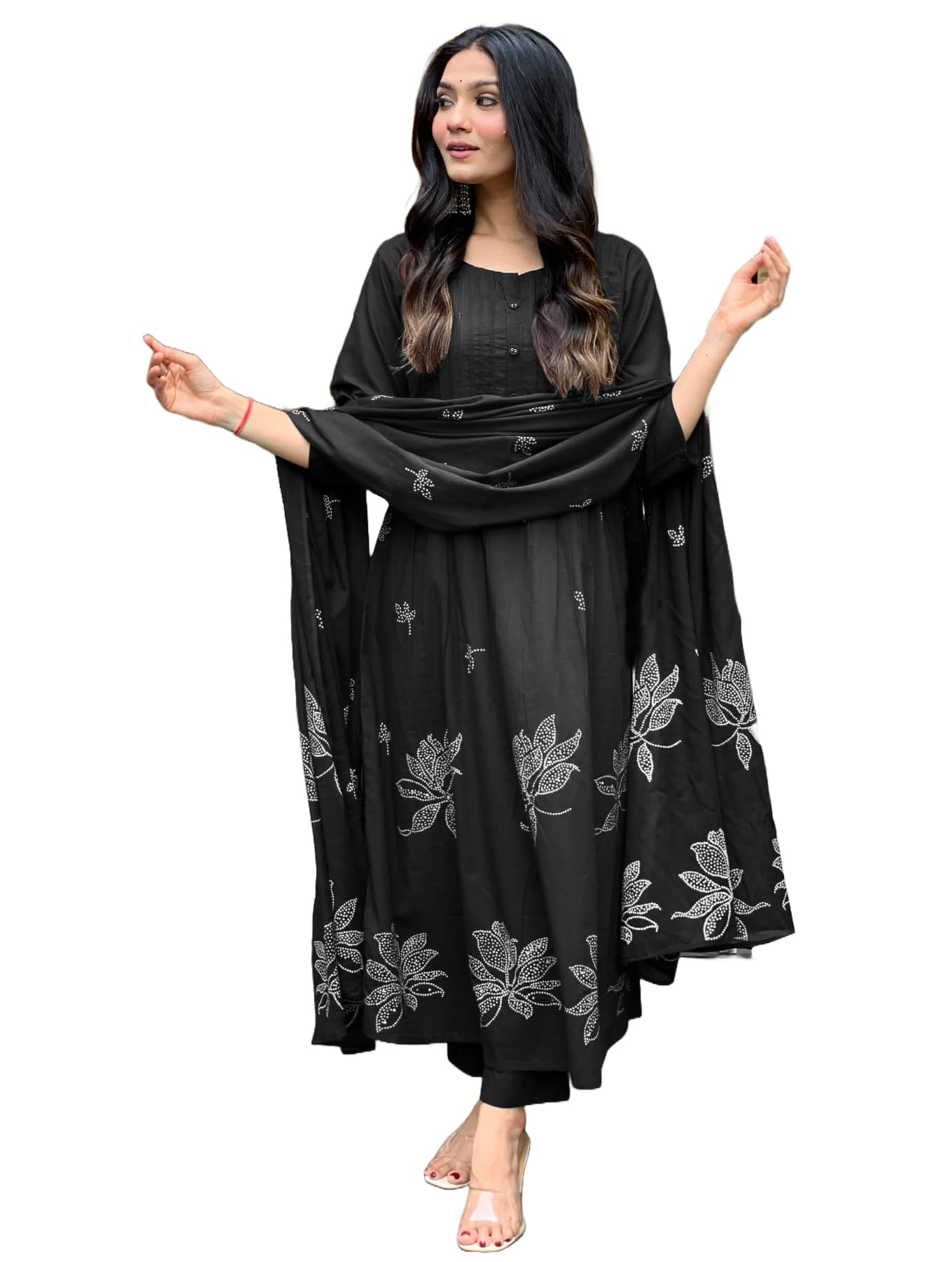 Gosriki WomenS Rayon Viscose Anarkali Printed Kurta With Pant & Dupatta (Gangori Black-Gs_S_Black_Small)