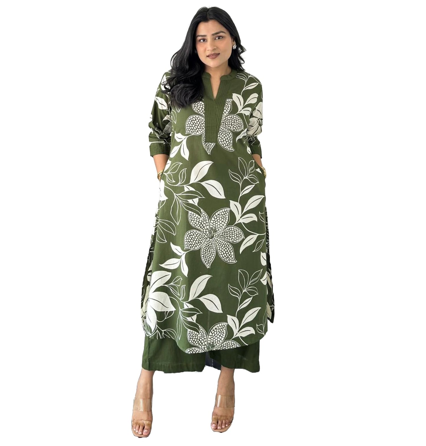 Lookmark WomenS Floral Printed Cotton Blend 3/4Th Sleeve Knee Length V-Neck Kurta And Palazzo Set For Women (Az-Lm-Og-Ks2204 Ma