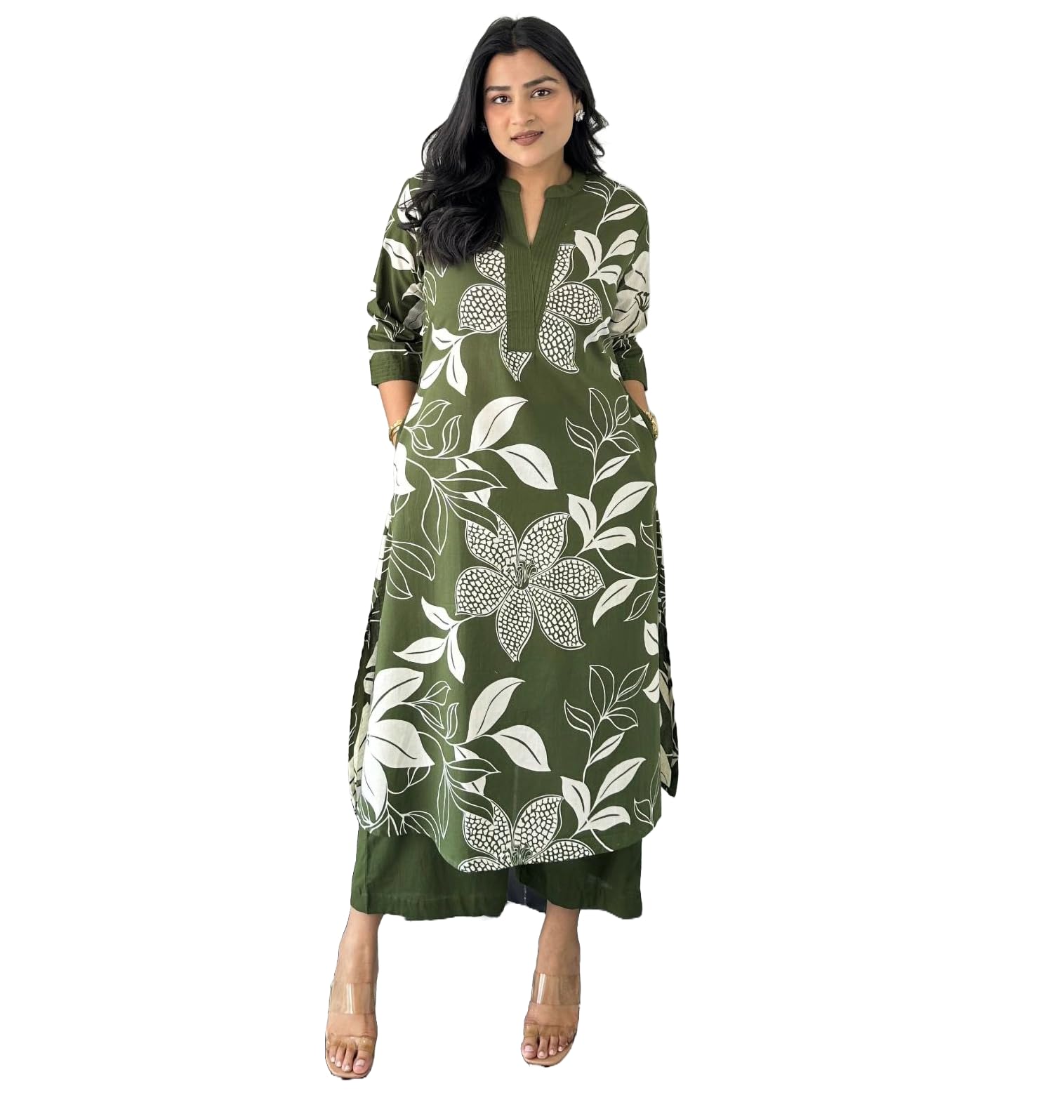 Lookmark WomenS Floral Printed Cotton Blend 3/4Th Sleeve Knee Length V-Neck Kurta And Palazzo Set For Women (Az-Lm-Og-Ks2204 Ma