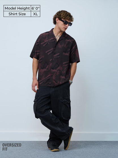 The Souled Store Oversized Shirt: Dragonfly Men and Boys Short Sleeves Cuban Collar Printed Viscose Relaxed Fit Casual Shirts |D