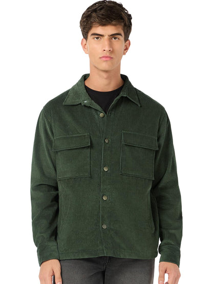 Bewakoof Men Solid Regular Fit Full Sleeve Collar Corduroy Jacket_684912_Green_XL