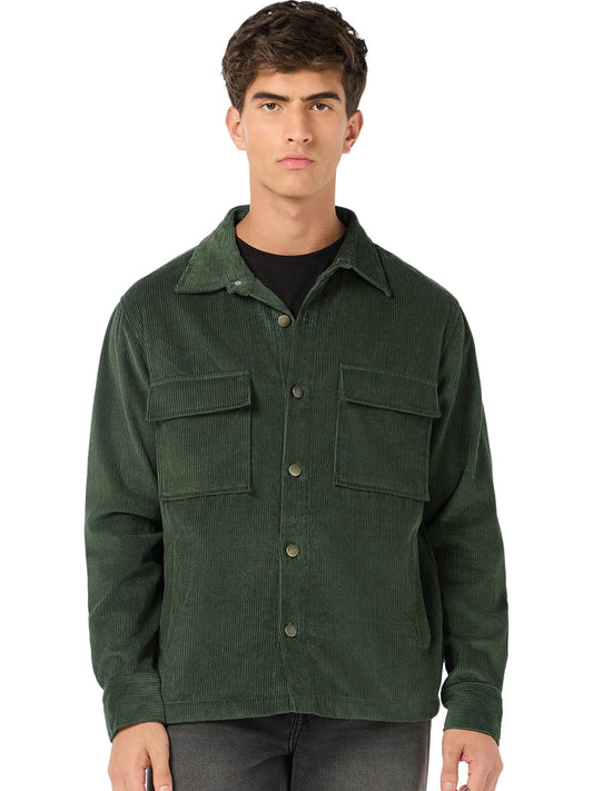 Bewakoof Men Solid Regular Fit Full Sleeve Collar Corduroy Jacket_684912_Green_XL