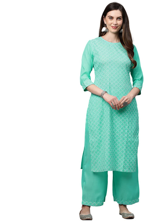 ANNI DESIGNER Women's Cotton Straight Kurta with Palazzo (KPZ-COT-10006-SEA Green)