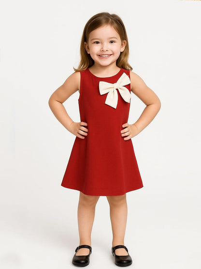 A.T.U.N. (ALL THINGS UBER NICE) Girls Stylish Suzy Dress with Contrast Bow | Sleeveless Soft Stretchable Knee Length Dress Red