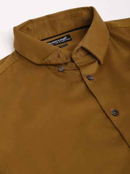 Dennis Lingo MenS Solid Brown Slim Fit Satin Lycra Casual Shirt With Concealed Button Down & Full Sleeves