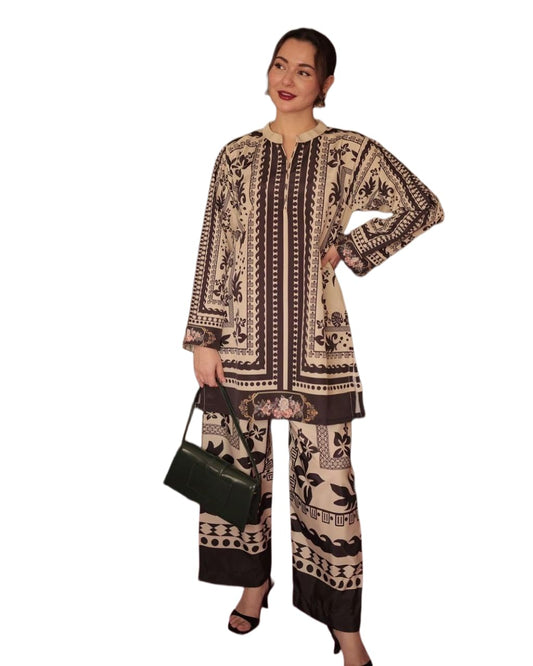Modestouze Attires Turkish Cord Set For Women Stylish - Poly Rayon Long Sleeves Co Ord Set Mandarin Neck Floral Print Western Co
